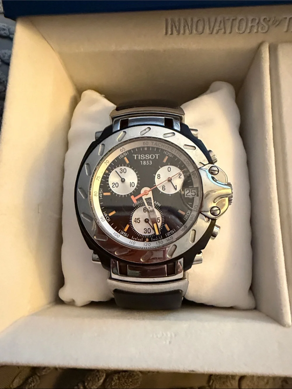Tissot Black and Silver Chronograph with Brown Leather Strap